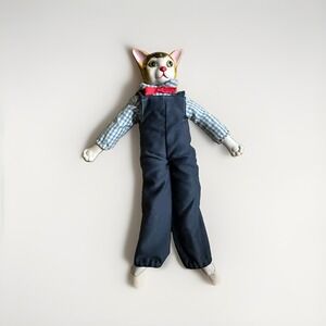 Prestige Cat Ceramic Doll Soft Body 15" Figure Boy Farmer Outfit Toy Vintage
